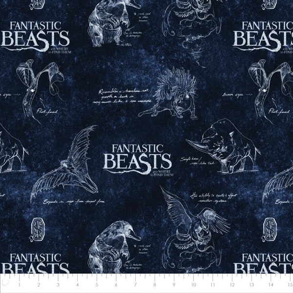 Fantastic Beast Logo & Creatures on Textured Ground in Navy 1 YARD Fabric From Camelot 100% Cotton