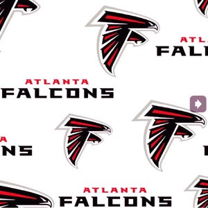 May include: White background with a repeating pattern of the Atlanta Falcons logo and team name. The logo is a stylized falcon head in black and red, with a silver outline. The team name is in bold black letters.