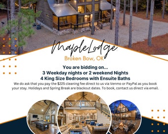 May include: A rustic wooden lodge with a metal roof, surrounded by tall trees. The image includes the text "Maple Lodge, Broken Bow, OK" and details about the rental, including 4 King Size Bedrooms with Ensuite Baths.