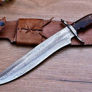 Damascus Knive, Damascus Knife, Handmade Damascus Hunting Knife, Damascus Bowie,  Wedding Anniversary Gift for Him, Christmas Gift for Men.