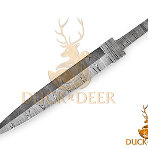 May include: A long, silver, Damascus steel knife blade with a pointed tip. The blade has a pattern of wavy lines and is about 12 inches long.