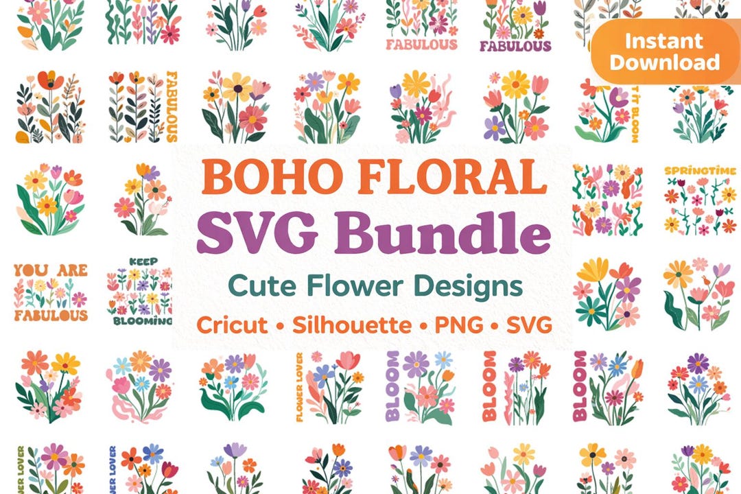 Boho Floral SVG Bundle, Wildflower Clipart PNG, Spring Vibes Designs - Etsy