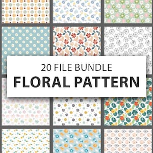 May include: A grid of twenty floral patterns in various colors and designs. The patterns include flowers, leaves, and other botanical elements. The text "20 FILE BUNDLE FLORAL PATTERN" is displayed in a white rectangle.