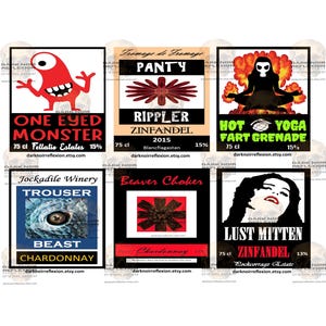 May include: A collection of six wine label designs with humorous names and graphics. The labels feature text such as "One Eyed Monster," "Hot Yoga Fart Grenade," and "Lust Mitten." Each label includes the wine type, volume (75 cl), and alcohol percentage.
