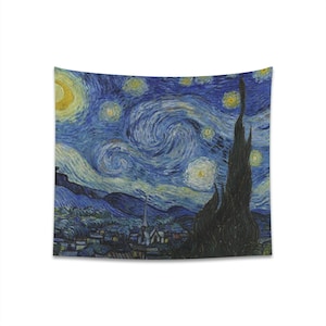 May include: A tapestry featuring a swirling blue sky with yellow stars and a dark silhouette of a village in the foreground. The sky is painted in a style reminiscent of Vincent van Gogh's "Starry Night."