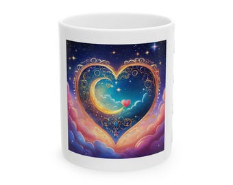 Cosmic Heart Mug - Inspirational Ceramic Coffee Cup, Dreamy Gift for Peace Lovers, Celestial Decor, Coffee Lovers, Home & Office