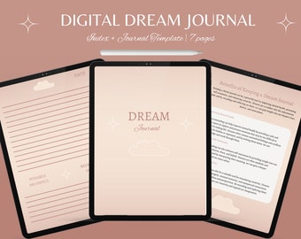 May include: A digital dream journal template with a pink background and a white cloud design. The journal includes a title page with the text "DREAM Journal" and a page with the text "Benefits of Keeping a Dream Journal".