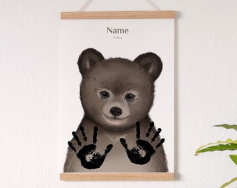 Baby Handabdruck Set, Personalisiertes Bärenposter für Kinderzimmer, Handabdruck Vorlage, Individuelles Geschenk zu Geburt oder Taufe