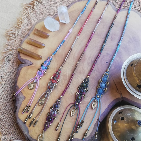 Pañuelo para el pelo de micromacramé: joya para el pelo con cristales y cuentas, hecha a mano, 48 cm
