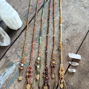 Brass Charms/Beaded Bohemian Hair Wraps--Micromacrame w/ crystals & beads 18-19&quot;, handmade, dreadlock jewelry/accessory, tiger eye/jade/etc