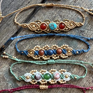 Handmade macrame adjustable bracelets--crystals/brass beads--citrine, lace agate, jade, goldstone, lapis, turquoise, carnelian, moonstone