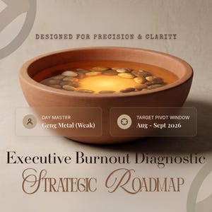 May include: A terracotta bowl filled with water and stones, with the text "DESIGNED FOR PRECISION & CLARITY." Below, it reads "Executive Burnout Diagnostic STRATEGIC ROADMAP." Additional text includes "DAY MASTER Geng Metal (Weak)" and "TARGET PIVOT WINDOW Aug - Sept 2026."
