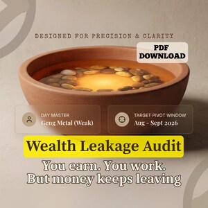 Può includere: Una ciotola di terracotta piena d'acqua e oggetti simili a semi, con il testo "Wealth Leakage Audit". Il testo aggiuntivo include "You earn. You work. But money keeps leaving." e "PDF DOWNLOAD."