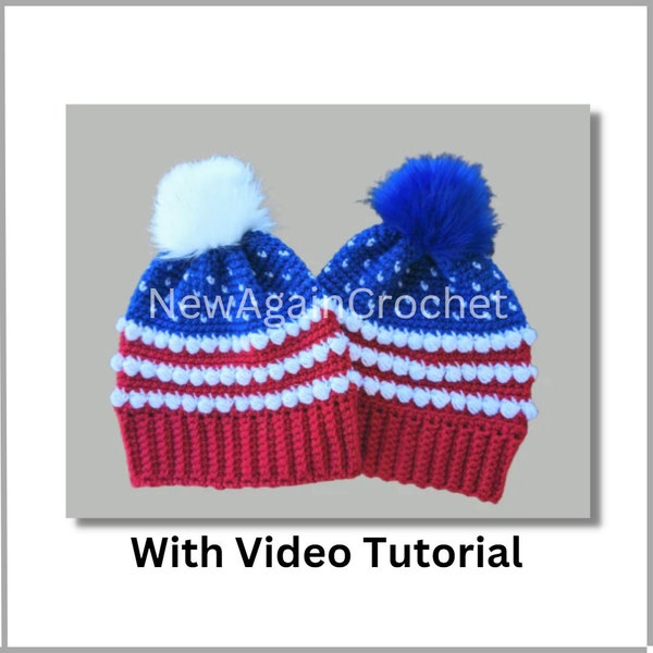 Crochet ** WITH VIDEO TUTORIAL**  U.S. Flag Beanie Hat pattern,  beginner friendly, American Flag hat,