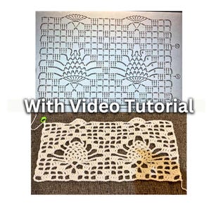 Puede incluir: Un patrón de ganchillo con un diseño floral. El patrón se muestra con una pieza de ganchillo terminada. El texto "With Video Tutorial" es visible en la imagen.
