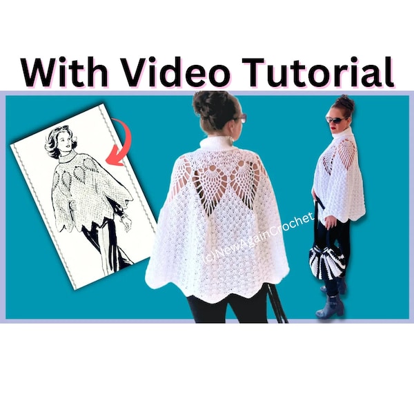 Crochet **WITH VIDEO TUTORIAL ** Vintage Crochet Pineapple Turtleneck Poncho Pattern