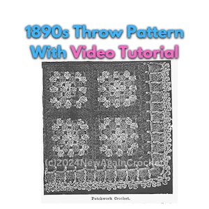 May include: Black and white image of a crochet throw pattern with a square design. The image includes the text "Patchwork Crochet".