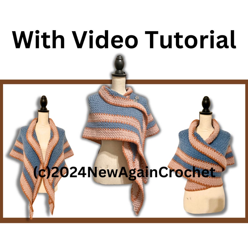 May include: Three crocheted shawls in blue and pink displayed on mannequins against a white background. The shawls are shown in different positions. The text "(c) 2024 NewAgainCrochet" is visible in the image.