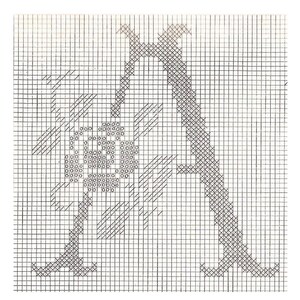 May include: Black and white cross stitch pattern of the letter A with a flower design. The pattern is on a grid with squares.