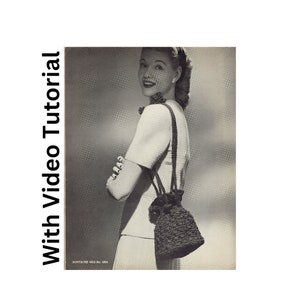 May include: A black crocheted drawstring bag with a long strap. The bag is worn by a woman in a white dress. The image is from a vintage pattern with the text "Soutashe Bag No. 4884" at the bottom.