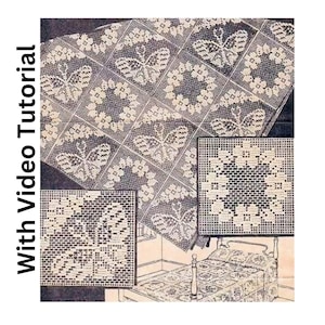 Crochet*WITH VIDEO TUTORIAL* 1930s Vintage Crochet Fairy Ring & Butterfly Filet Crochet motifs Pattern With Handwritten Line-by-Line Pattern