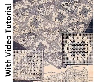 Crochet*WITH VIDEO TUTORIAL* 1930s Vintage Crochet Fairy Ring & Butterfly Filet Crochet motifs Pattern With Handwritten Line-by-Line Pattern