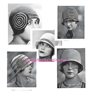May include: Four vintage black and white photographs of women wearing different styles of cloche hats. The hats are made of fabric and have various embellishments, including a spiral design, a striped pattern, and a plain design.