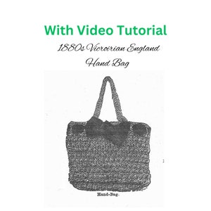 May include: A black and white illustration of a crocheted handbag from 1880s Victorian England. The bag has a rectangular shape with a top handle and a bow detail.