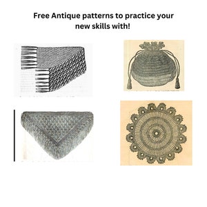 May include: Four vintage crochet patterns, including a shawl, a bag, and two doilies. The patterns are printed in black ink on a white background.