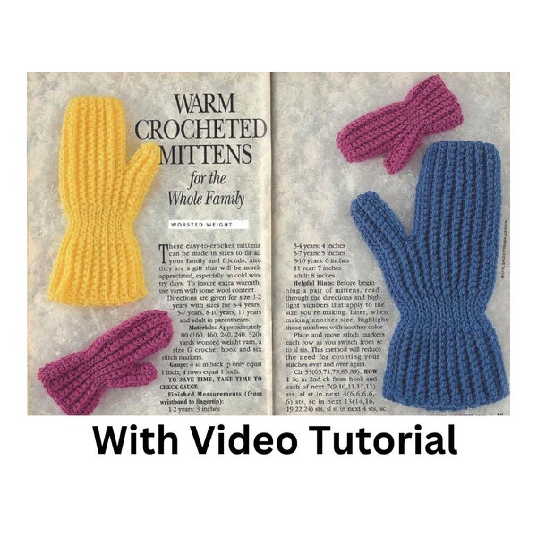 Crochet **WITH VIDEO TUTORIAL** Easy Mittens, These Are Made In One Piece! Pattern With Video Only