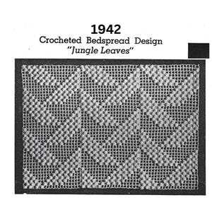 May include: A black and white image of a crocheted bedspread design called "Jungle Leaves". The design features a repeating pattern of leaves.