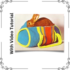 May include: A crocheted pet carrier with a rainbow stripe design. The carrier is blue with yellow trim and has a brown rabbit inside.