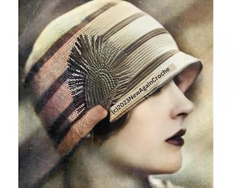 May include: A vintage-style cloche hat with a striped pattern in shades of brown, beige, and pink. The hat has a wide brim and a slightly pointed crown. The hat is made of a soft, knitted fabric. (c)2023NewAgainCroche
