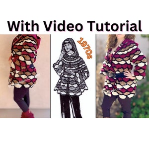May include: A crochet cardigan with a scalloped edge and a hood. The cardigan is made in a brown, white and burgundy colour scheme. The image includes a vintage pattern for the cardigan, labelled "1970s".