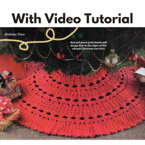May include: Red crocheted Christmas tree skirt with a scalloped edge. The skirt is decorated with red and green pony beads. The text "Holiday Time" and "With Video Tutorial" is visible in the image.