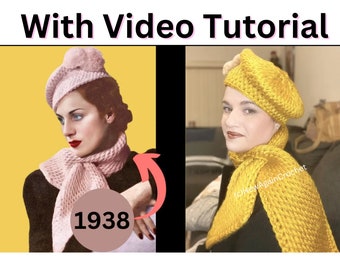 1938 Tunisian (Tricot) Crochet Hat and Scarf Set Pattern with Video Tutorial