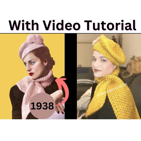 1938 Tunisian (Tricot) Crochet Hat and Scarf Set Pattern with Video Tutorial