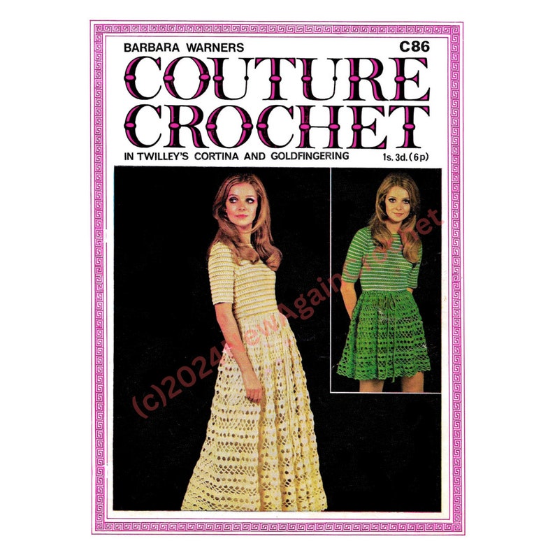 May include: Vintage crochet pattern cover featuring the text "COUTURE CROCHET" and the designer's name. The cover displays two women modeling crochet outfits, including a cream-colored dress and a green skirt and top set.
