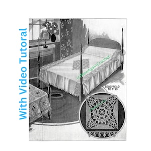 May include: Black and white image of a crocheted bedspread with a detailed pattern. The bedspread is on a bed with a headboard and footboard. The image also includes a close-up of the crocheted pattern. The text "BEDSPREAD NO 1199" is visible in the image.
