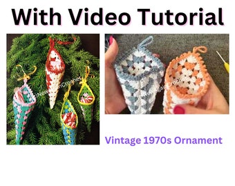 Crochet **WITH VIDEO TUTORIAL ** 1970s vintage Christmas Cornucopia Tree Ornament Pattern