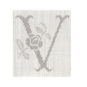 May include: Black and white cross stitch pattern of a stylized flower with two stems.