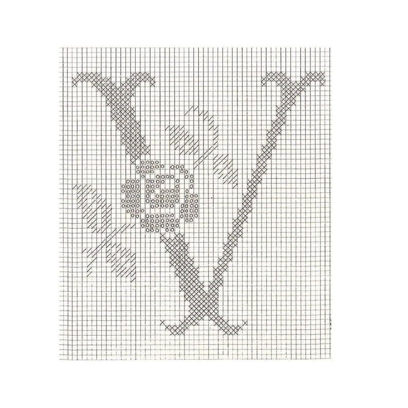 May include: Black and white cross stitch pattern of a stylized flower with two stems.
