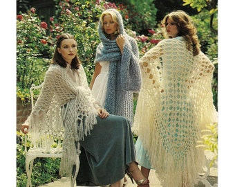 2 Vintage Crochet shawls and 1 Vintage Knit Stole Pattern Booklet from the 1970s