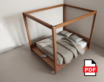 Queen Size Canopy Bed Frame DIY Plan, 4 Pastor wooden canop bed, Low platform wooden bed frame, easy diy bedroom build, pdf file