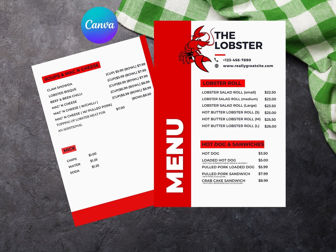 Red Lobster Menu Price List Template Restaurant Menu Seafood Etsy