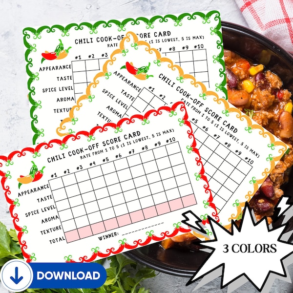 Chili Cook-Off Printable Cards, Judging Scorecards, Voting Ballots, Tasting Cards, Chili Score Sheets for Voting in Competition