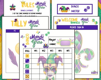 Mardi Gras Bunco Bundle, Bunco Scoresheet x2 x4, Bunco Themes, Fat Tuesday Bunko Fun,Bunco Mardi Gras, Bunco Night