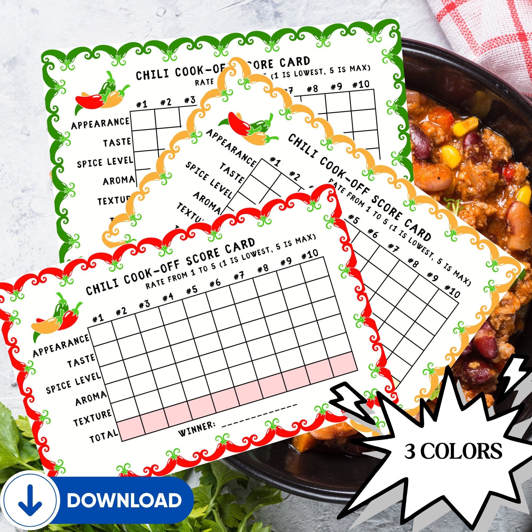 Chili Cook-off Printable Cards, Judging Scorecards, Voting Ballots ...