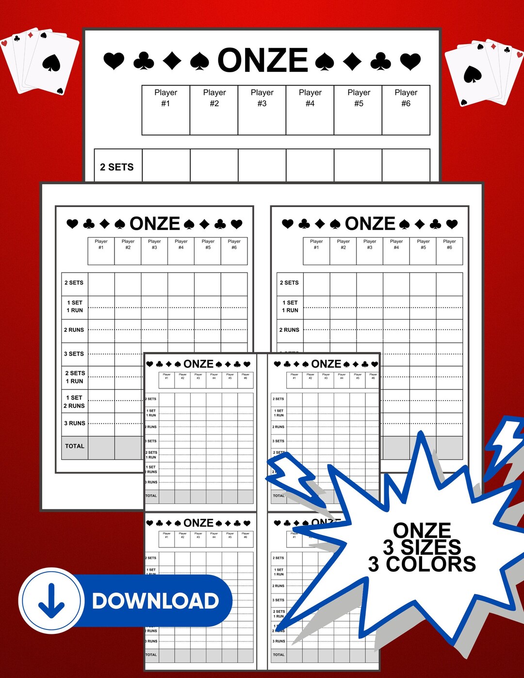 Onze Score Sheets, Onze Cards X2 X4 per Page, Printable Onze Score Pad