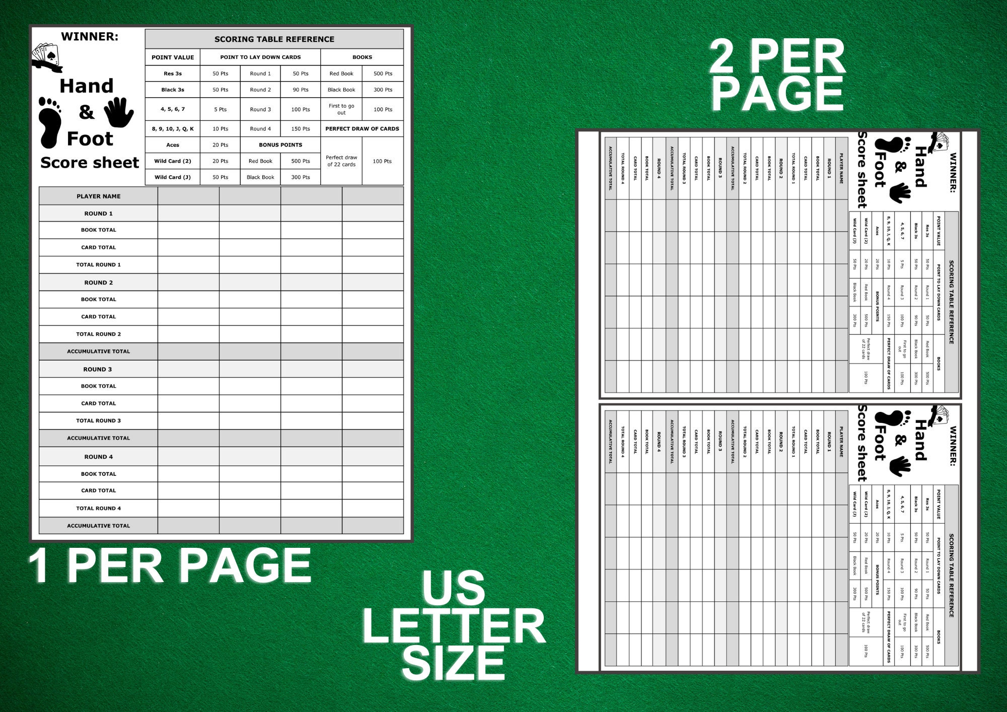 Hand and Foot Score Sheet, Hand and Foot Rules, Hand &amp; Foot Score Card ...